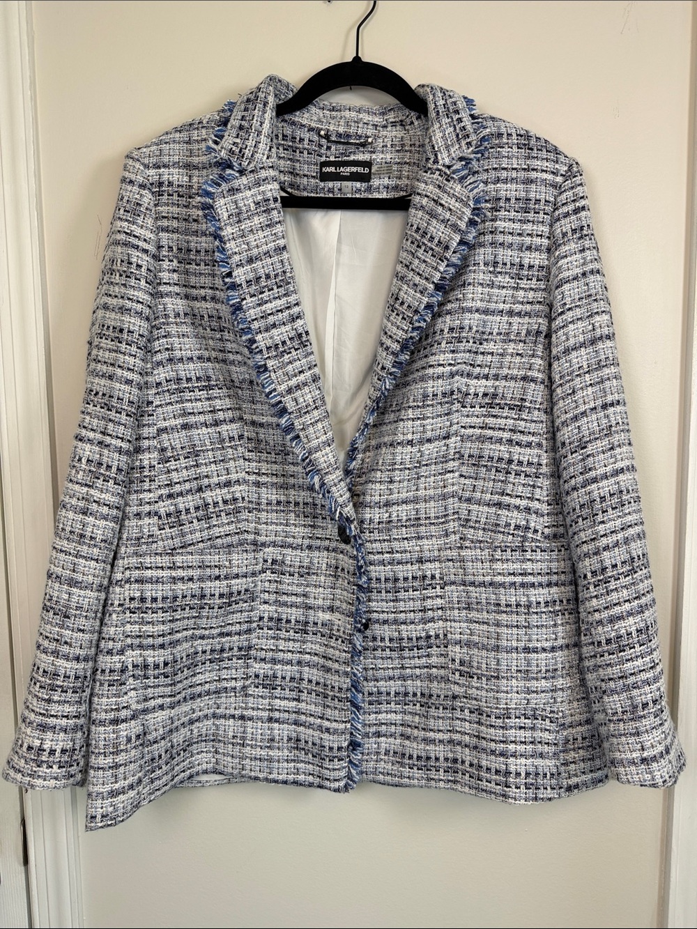 KARL LAGERFELD PARIS Blue White Tweed Blazer Jacket Fringe Trim Collared 12